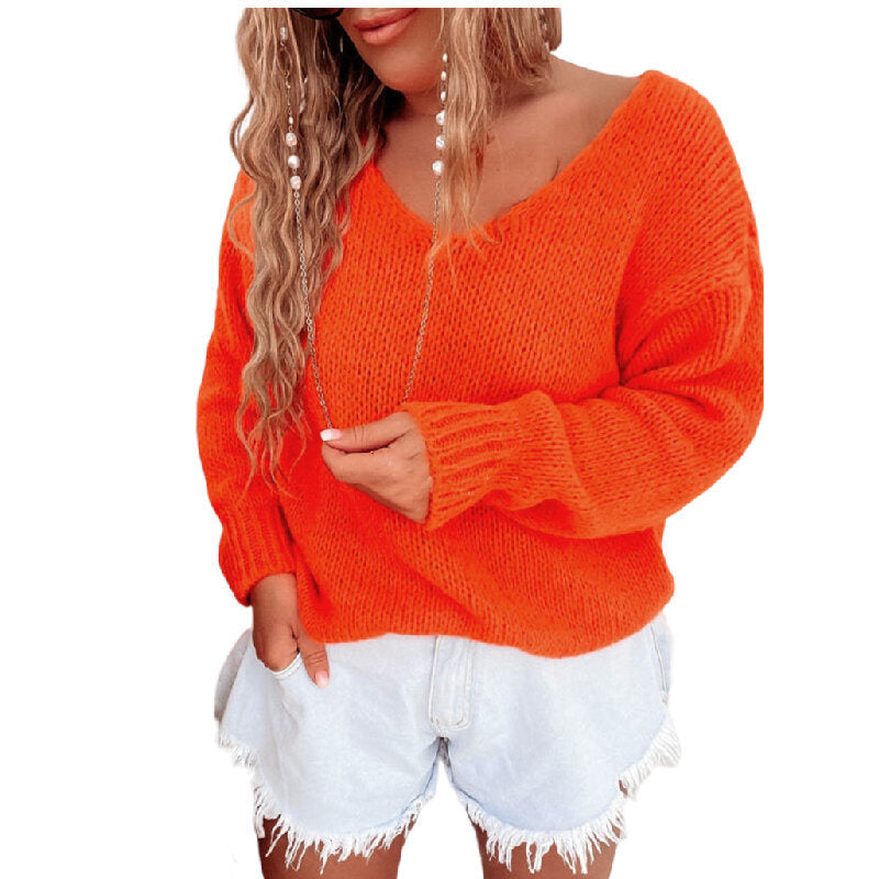 V-neck Solid Color Knitted Sweater