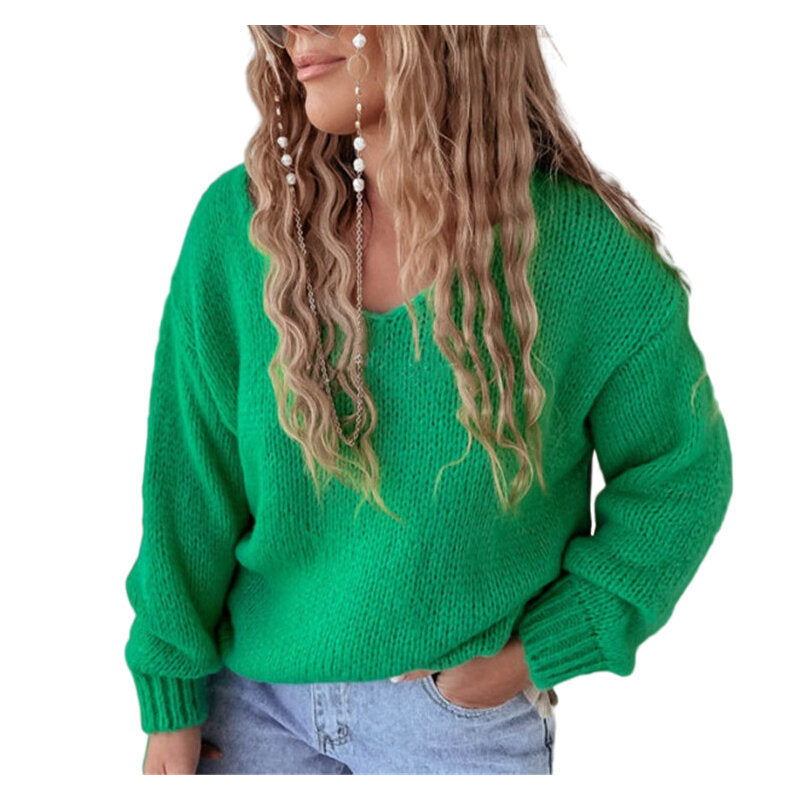 V-neck Solid Color Knitted Sweater