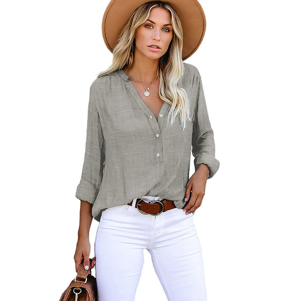 Loose V neck Button Cotton Linen Long Sleeve Shirt