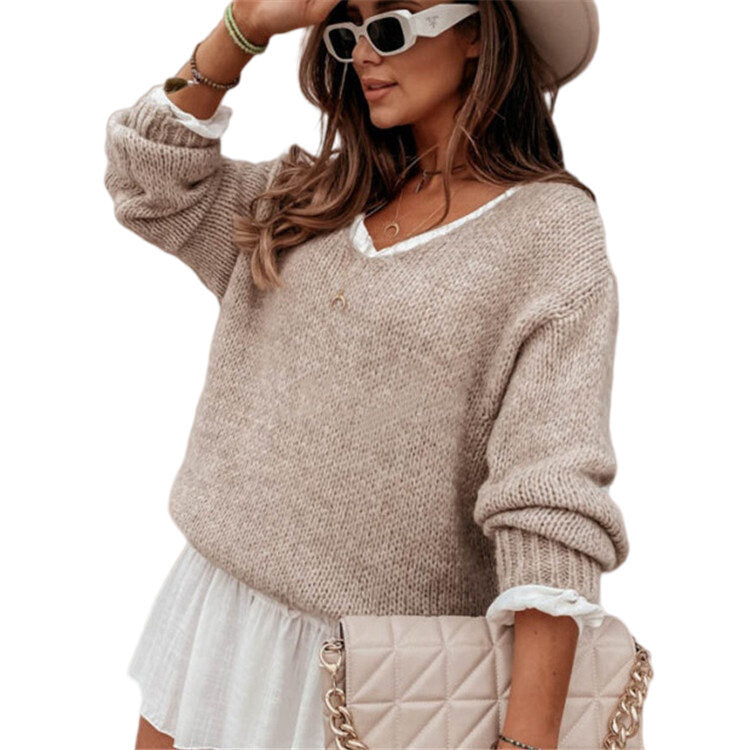 V-neck Solid Color Knitted Sweater