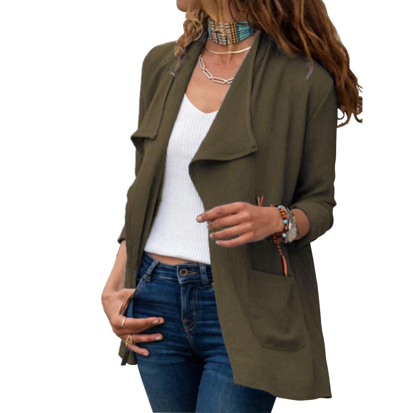 Lapel Long Sleeve Open Front Jacket Cardigan