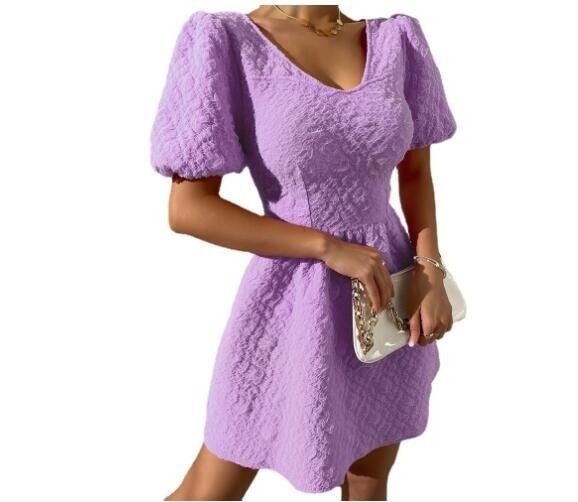 Solid Color V-Neck Puff Sleeve Short Sleeve Dress