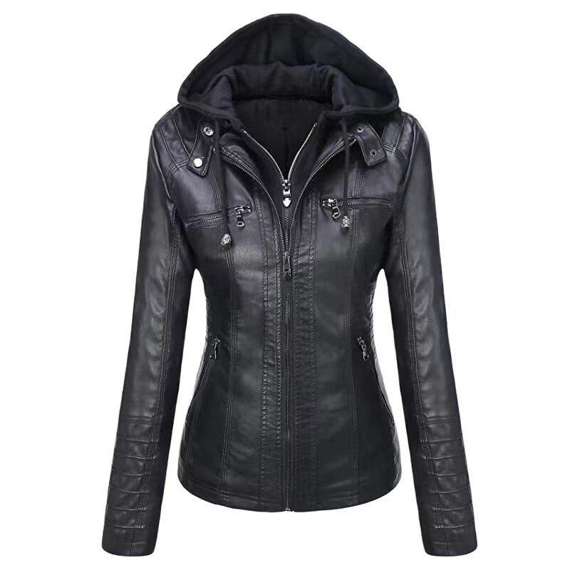 Women's Removable Hooded Faux Leather Jackets