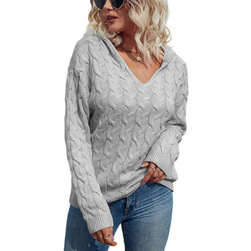 Women V neck Twist Knit Hoodie Warm Sweater Tops