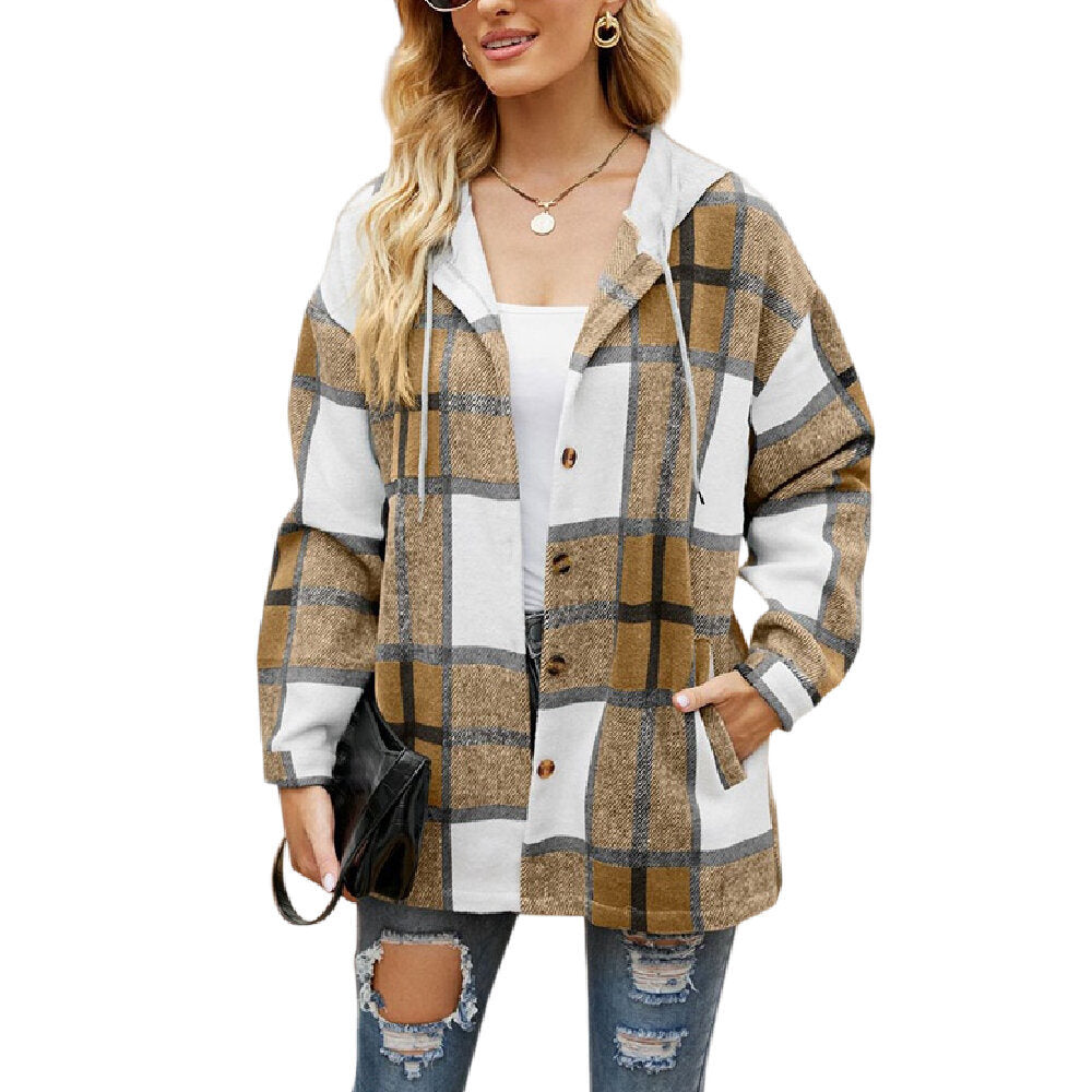 Women's Flannel Plaid Jacket Button Down Shirts Hooded Coats Shacket