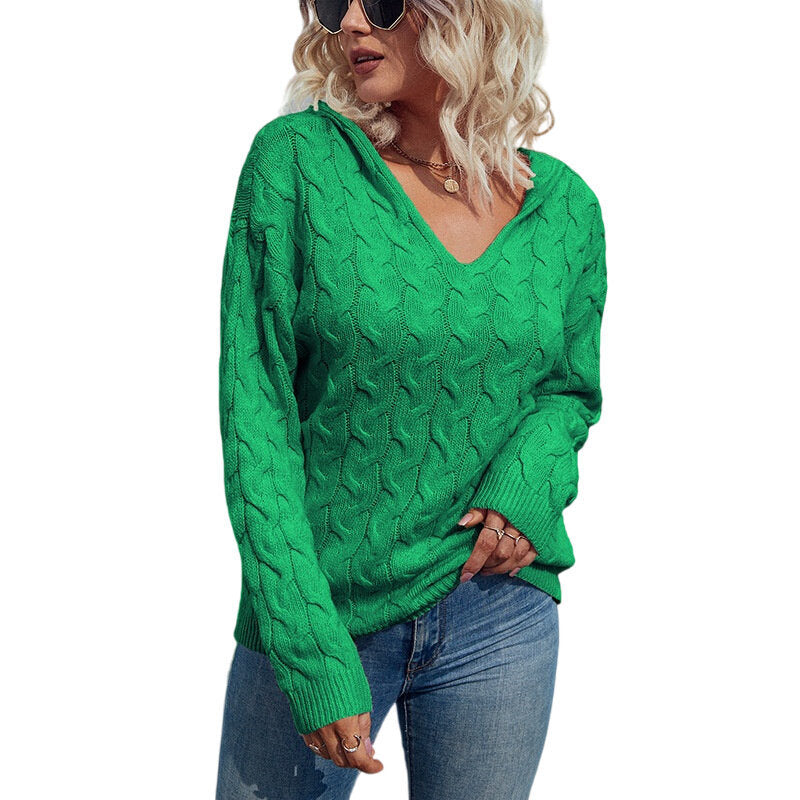 Women V neck Twist Knit Hoodie Warm Sweater Tops