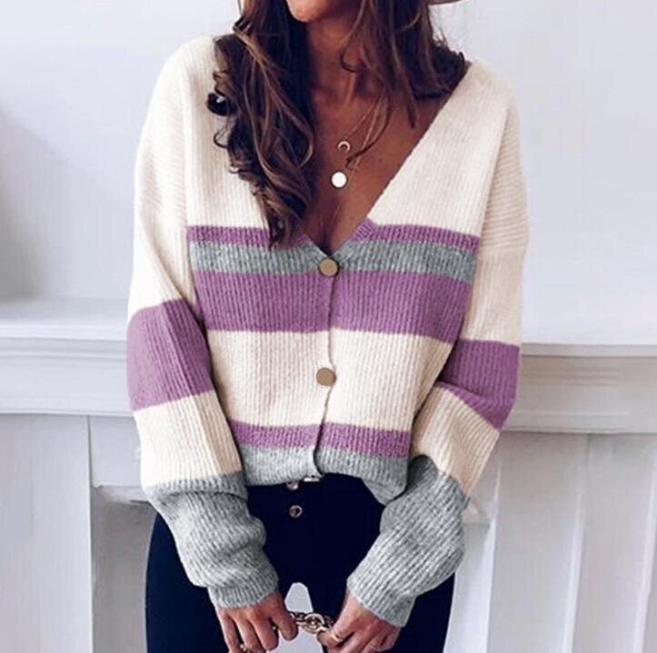 V-neck Button Stripe Sweater Cardigan