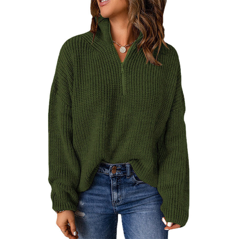 Women Half-Zip Loose Turtleneck Pullover Knit Sweater Top