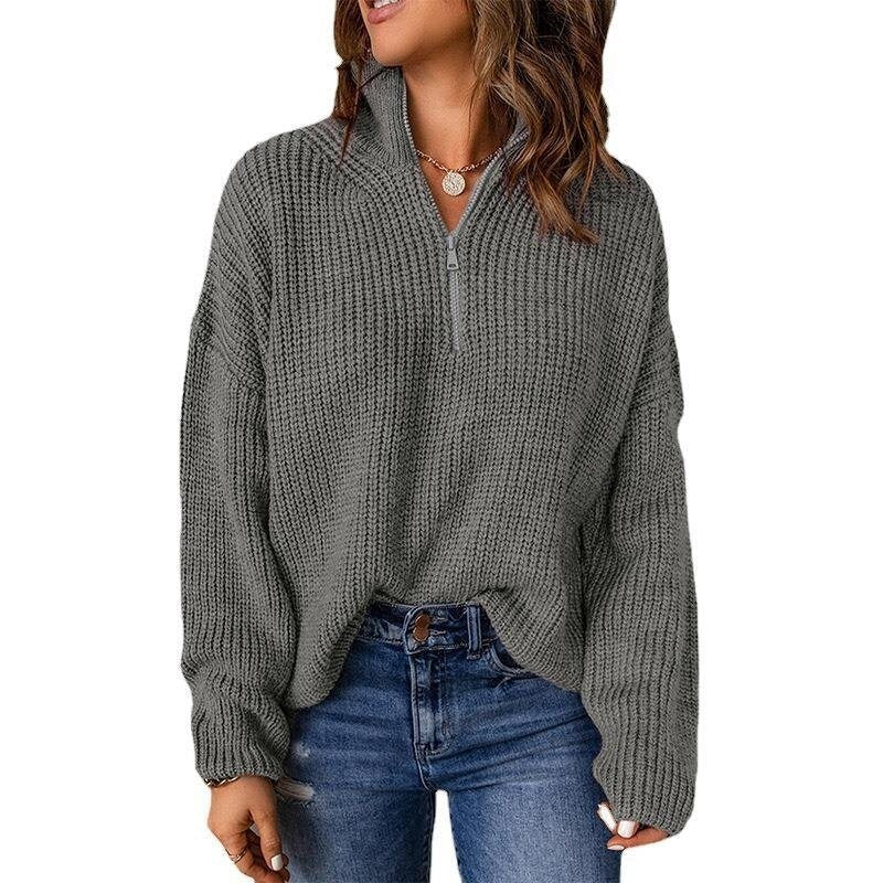 Women Half-Zip Loose Turtleneck Pullover Knit Sweater Top