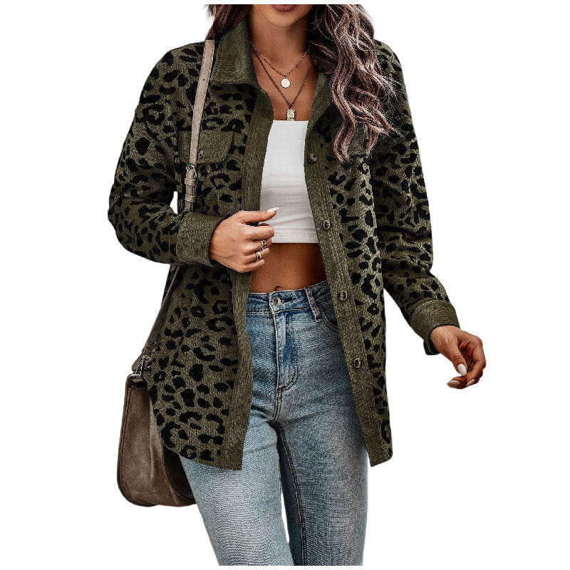 Corduroy Leopard Print Jacket Button Long Sleeve Blouses