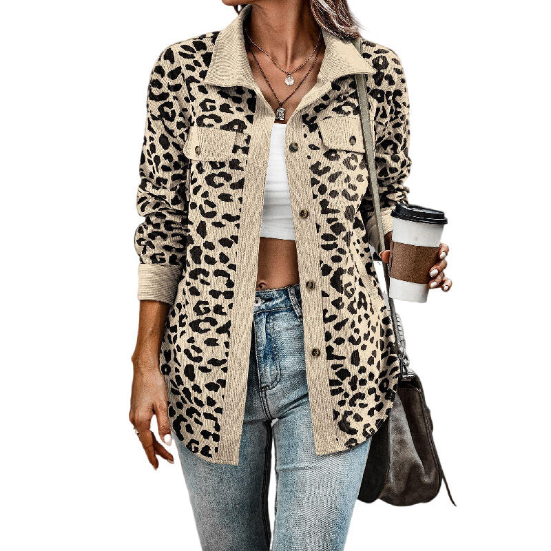 Corduroy Leopard Print Jacket Button Long Sleeve Blouses