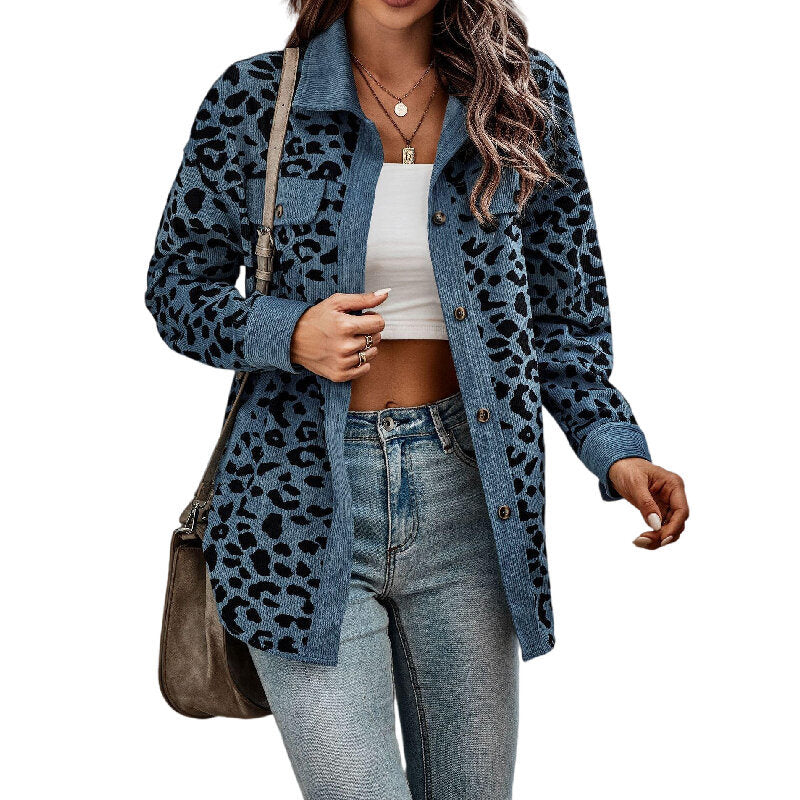 Corduroy Leopard Print Jacket Button Long Sleeve Blouses