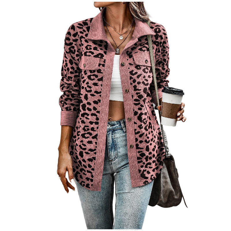 Corduroy Leopard Print Jacket Button Long Sleeve Blouses