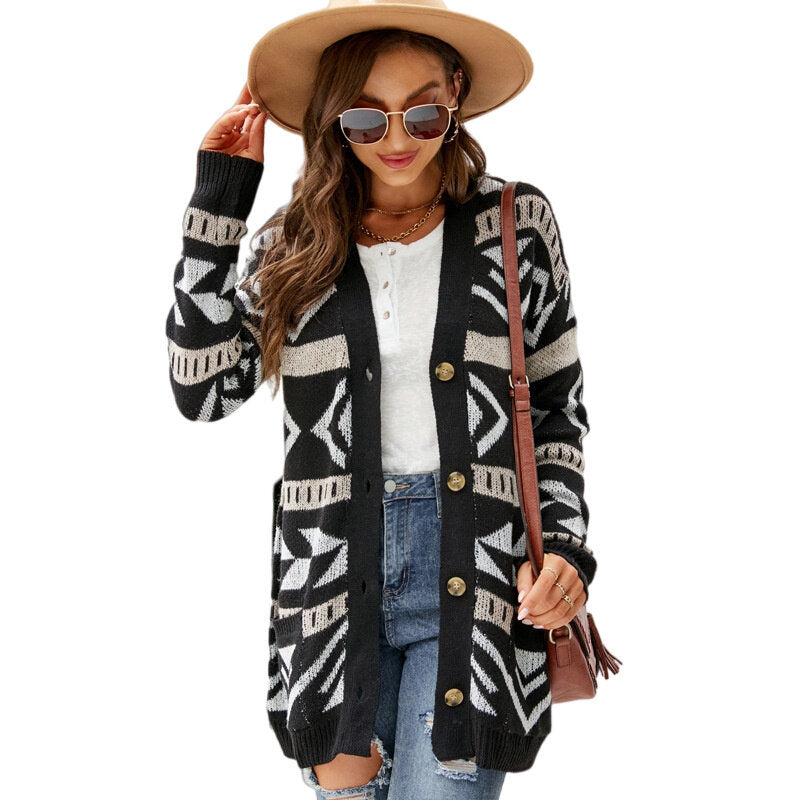 Diamond Loose Knit Cardigan Mid Length Sweater