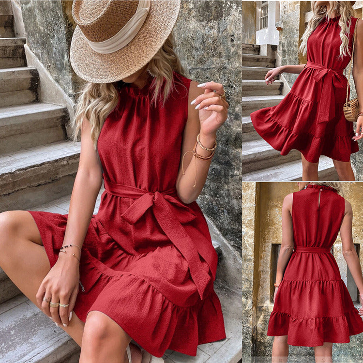 Summer Mini Dress Women Girl Elegant Casual Solid Frenulum Belt Button Short Sleeveless Ruffles Hem Pleated Soft Comfortable New