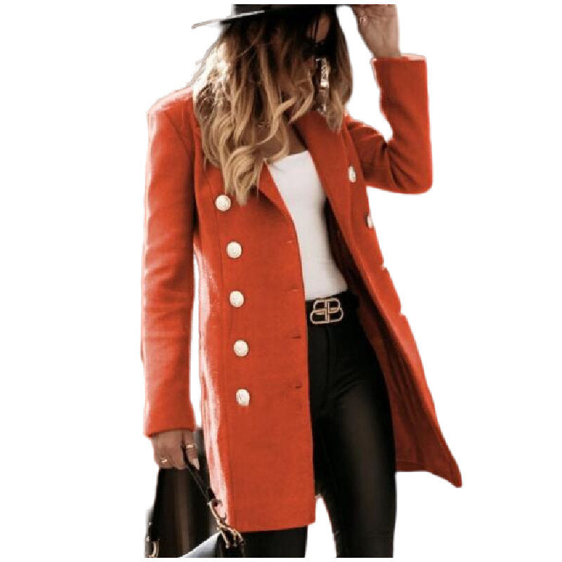 Women Elegant Double Breasted Wool Blend Coat