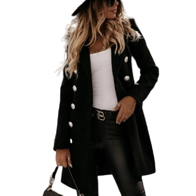 Women Elegant Double Breasted Wool Blend Coat