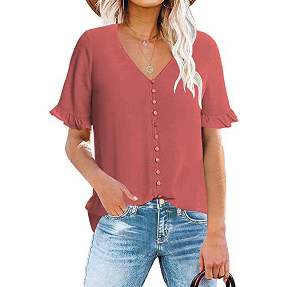 Ruffled Short Sleeve V-Neck Button-Up Shirt