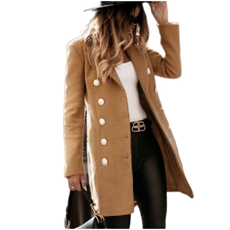 Women Elegant Double Breasted Wool Blend Coat