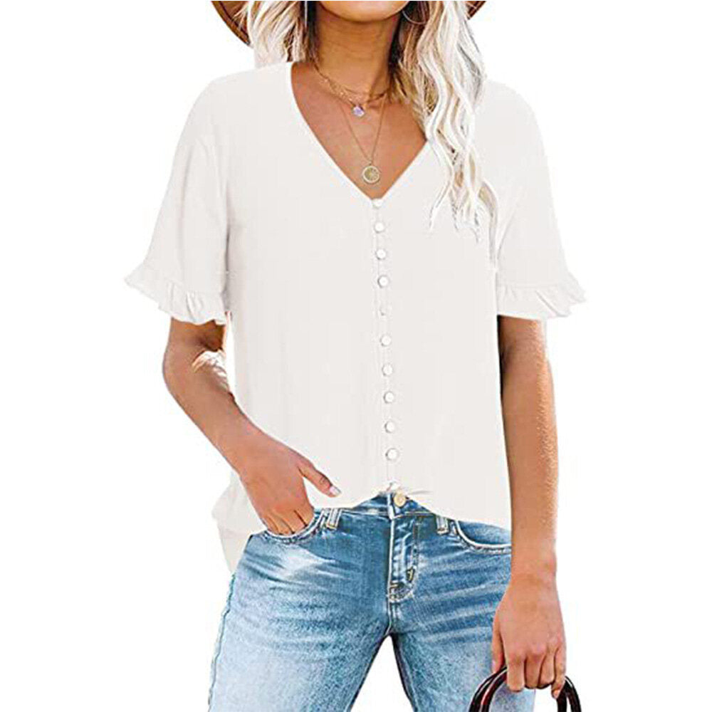 Ruffled Short Sleeve V-Neck Button-Up Shirt