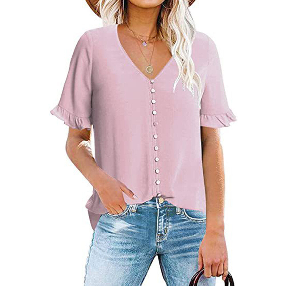 Ruffled Short Sleeve V-Neck Button-Up Shirt