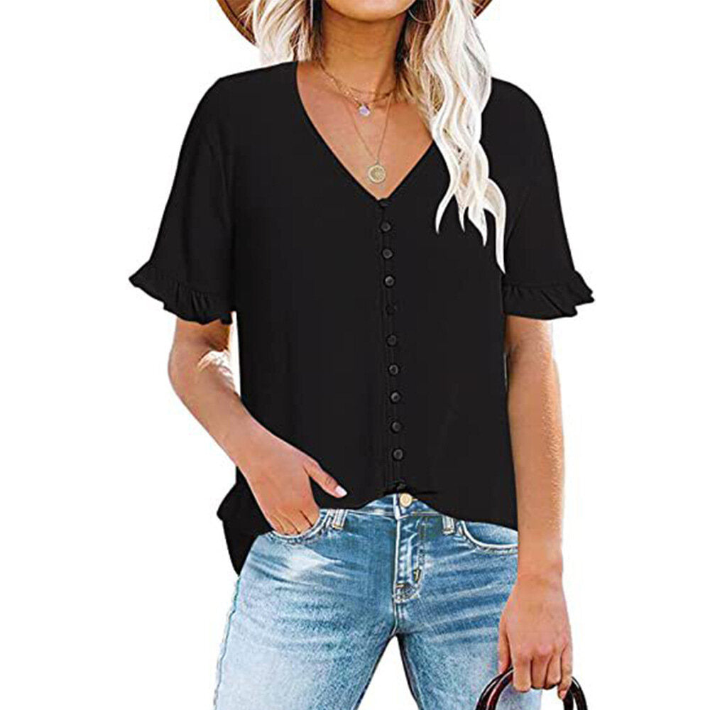 Ruffled Short Sleeve V-Neck Button-Up Shirt