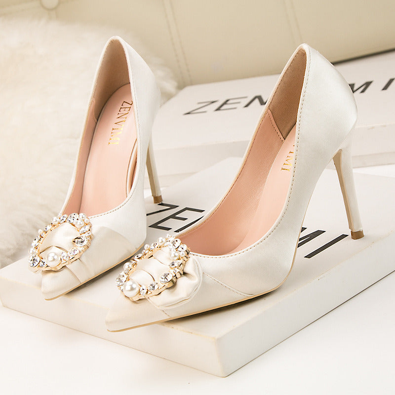 Four Seasons Fine High Heels Women Elegant 10cm Pointed Toe Shiny Rhinestone Pearl Slip-on Wedding Bridesmaid Shoes Party Daily