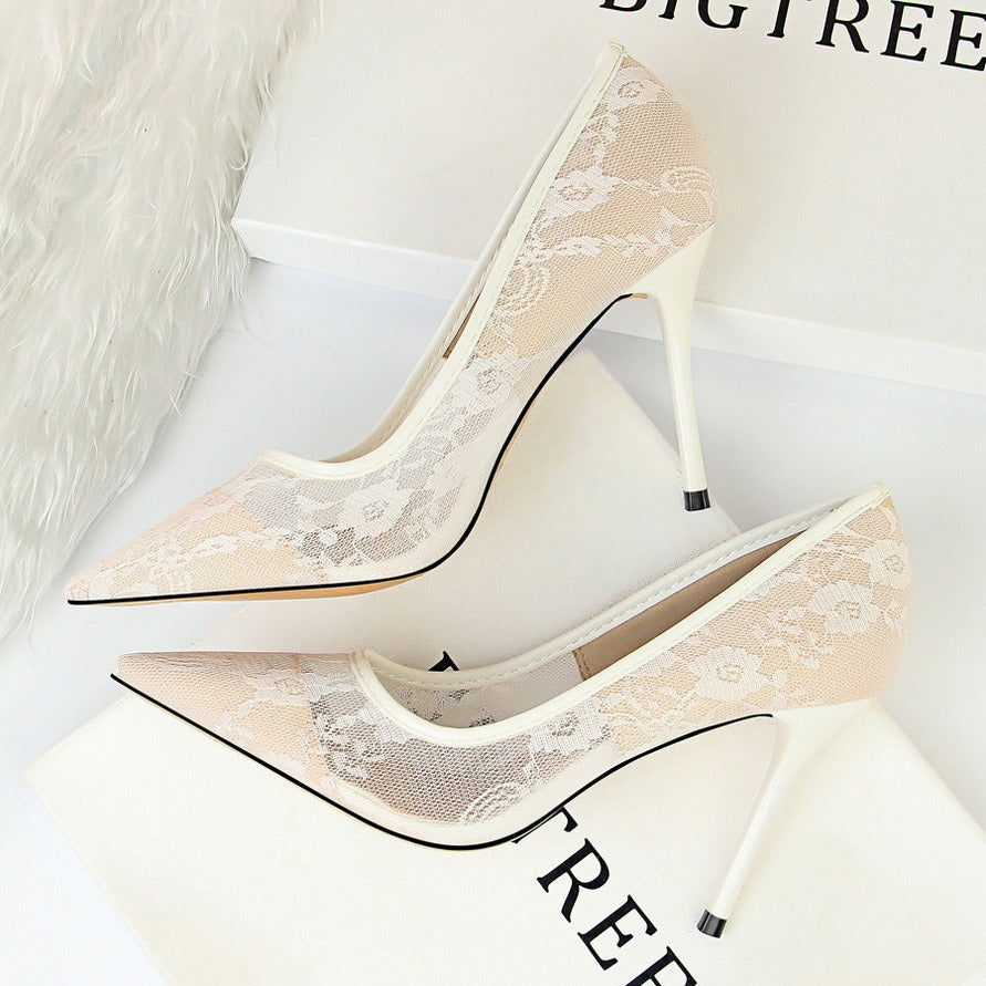 New Fine High Heel Women Casual Elegant Pointed Toe Dress Shoes Pumps Mesh Hollow Lace Upper Fashion Spring Summer Autumn Party