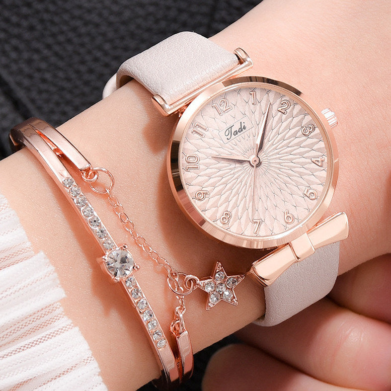 Fashion Women Watches Luxury Leather Flower Rhinestone Watch for Women Ladies Quartz Wrist Watch with Bracelet Set Reloj Mujer