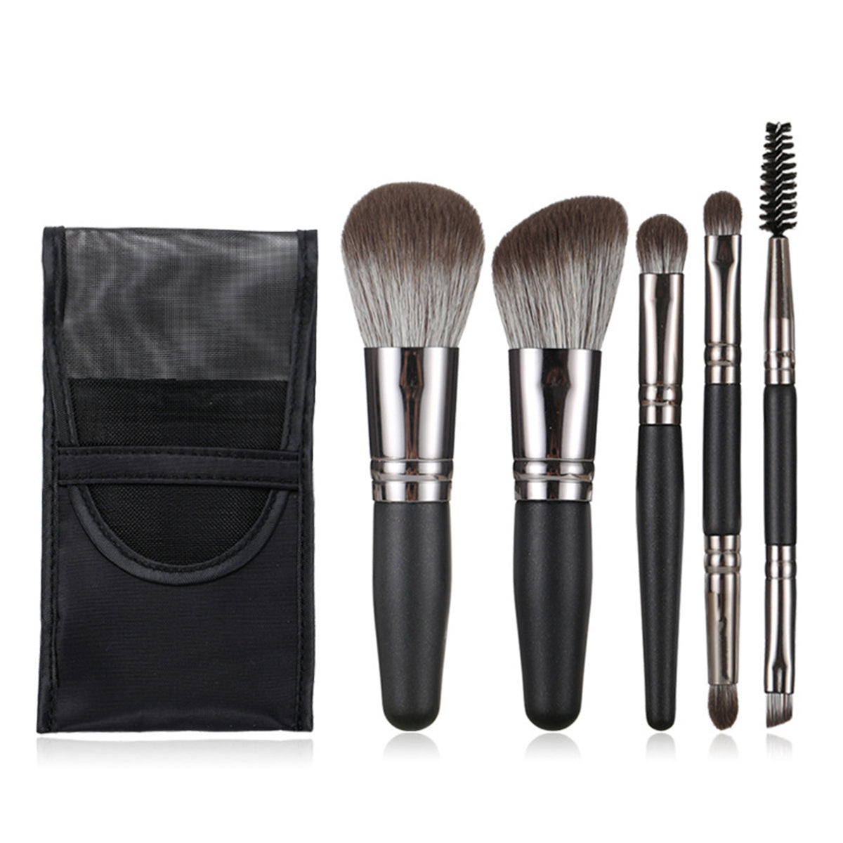 Brushes Set Travel Portable Pouch with 5 Professional Brushes Foundation Blending Eye Shadow Eyebrow and Eyelash Comb Makeup Brush Kit