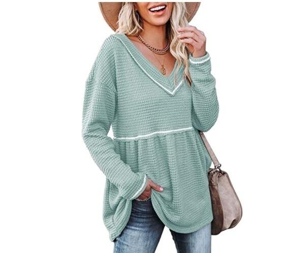 V-neck Long sleeved Waffle Pleated Sweater