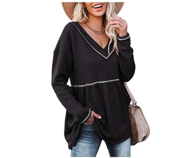 V-neck Long sleeved Waffle Pleated Sweater