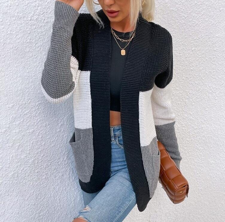 Color Block Sweater Cardigan with Pockets