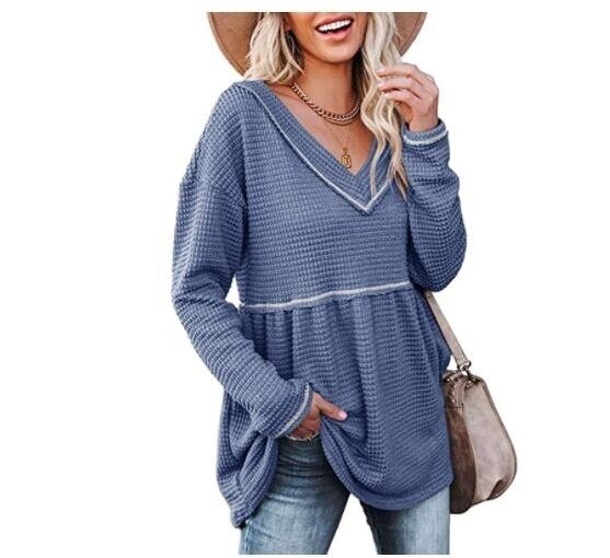 V-neck Long sleeved Waffle Pleated Sweater