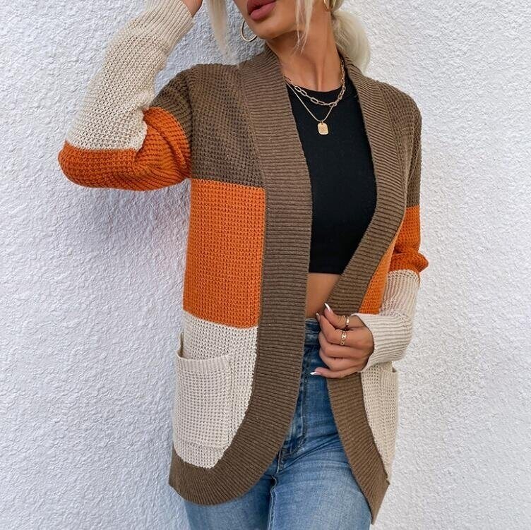 Color Block Sweater Cardigan with Pockets