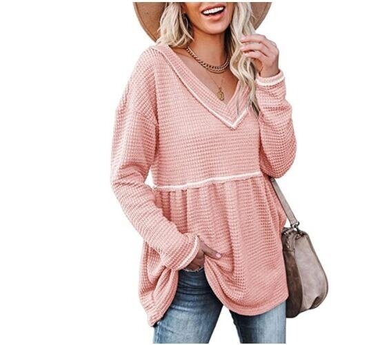 V-neck Long sleeved Waffle Pleated Sweater