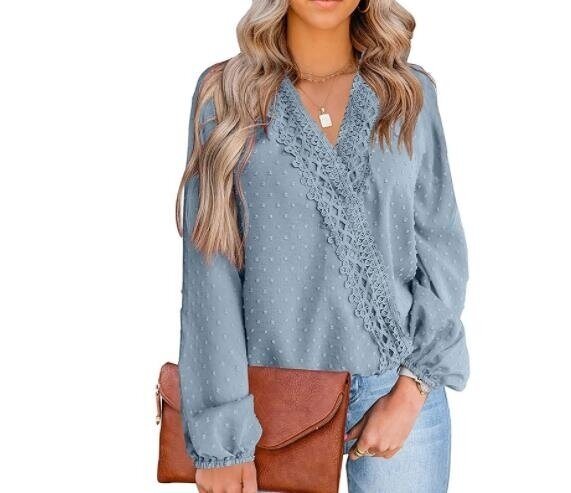 Lace V Neck Long Sleeve Shirt Blouse