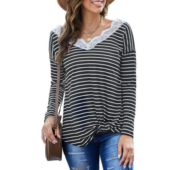 Striped Lace Stitching Twisted Long Sleeve Tunics