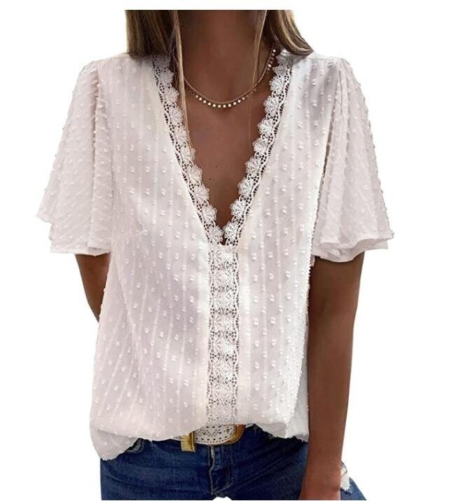 V Neck Lace Crochet Flowy Casual Sleeveless Blouses Shirts