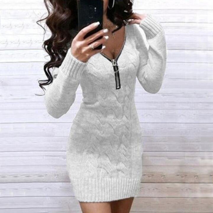 Zipper V-neck Knit Sweater Dress