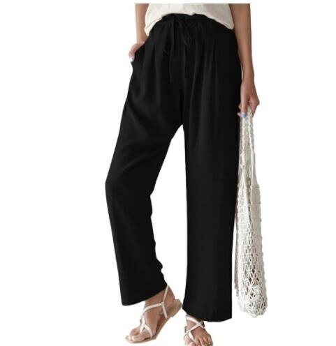 Cotton and Linen Tie Wide-Leg Pants