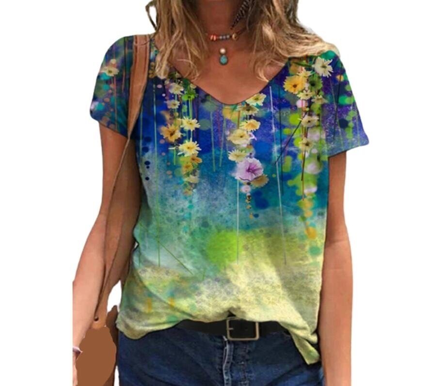 Digital Flower Print Short-Sleeved T-shirt