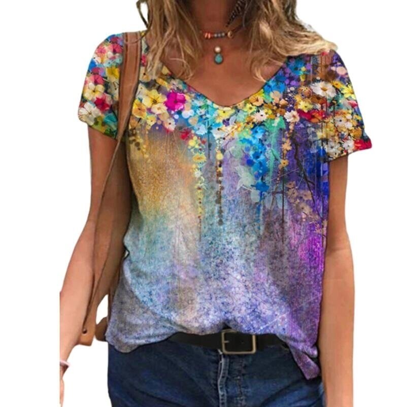 Digital Flower Print Short-Sleeved T-shirt