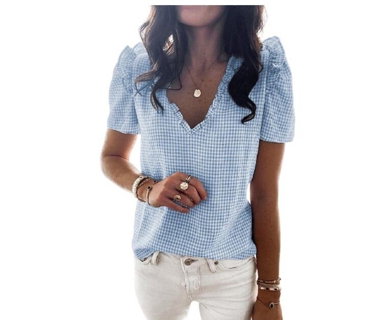 V-neck Ruffled Plaid Short-Sleeved Top Shirt