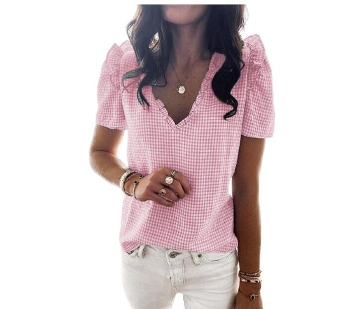 V-neck Ruffled Plaid Short-Sleeved Top Shirt