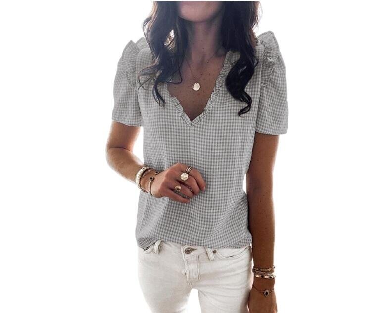 V-neck Ruffled Plaid Short-Sleeved Top Shirt