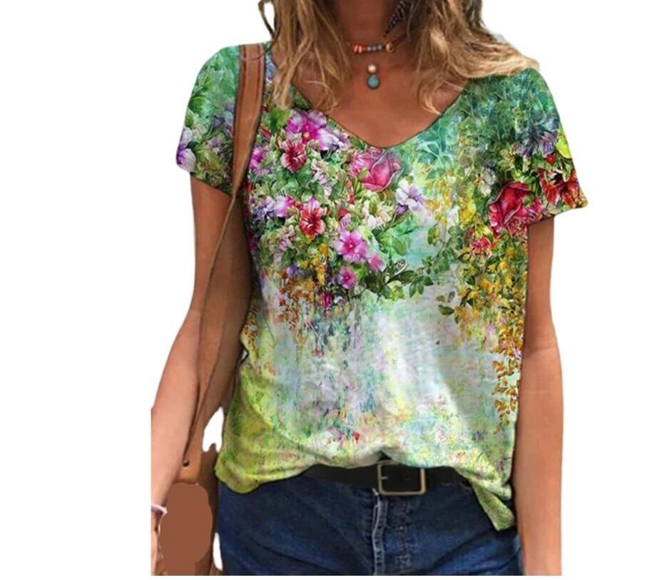 Digital Flower Print Short-Sleeved T-shirt