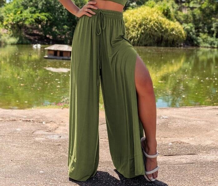 Loose Drawstring Trousers Side Slit Wide Leg Pants