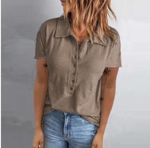 Ribbed Button Lapel Short Sleeve T-Shirt