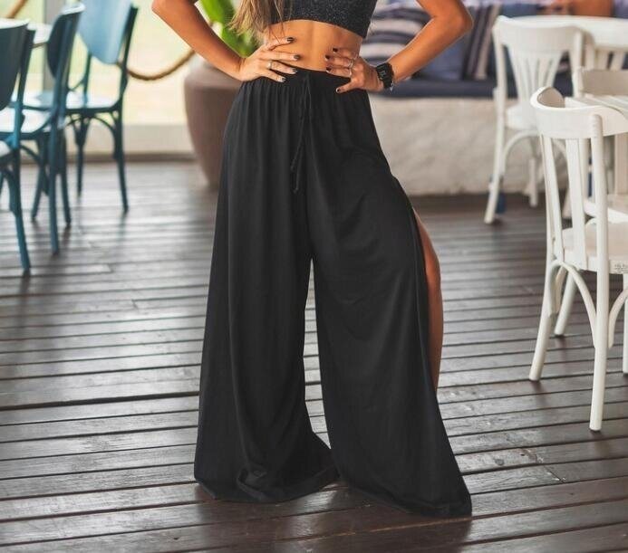 Loose Drawstring Trousers Side Slit Wide Leg Pants